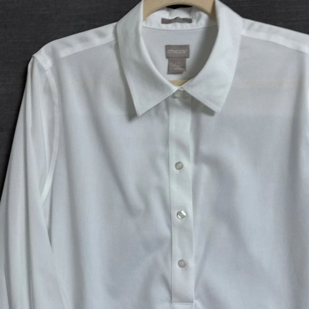 Chicos Top 2.5 M US 14 White Cotton No Iron Tunic Button Popover Career Classic